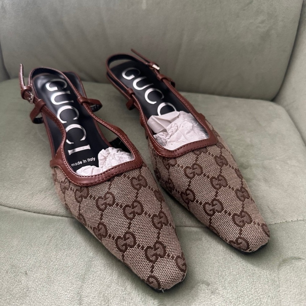 Gucci Brown Monogram Slingback Heels